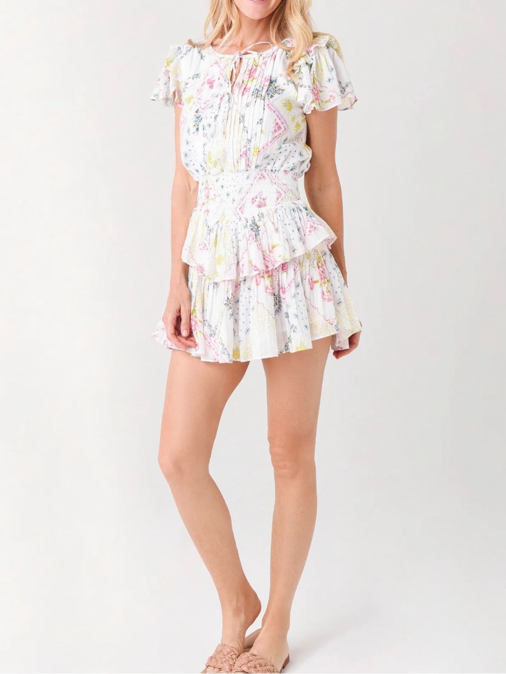 LoveShackFancy - White Floral Tiered Ruffle Mini Dress